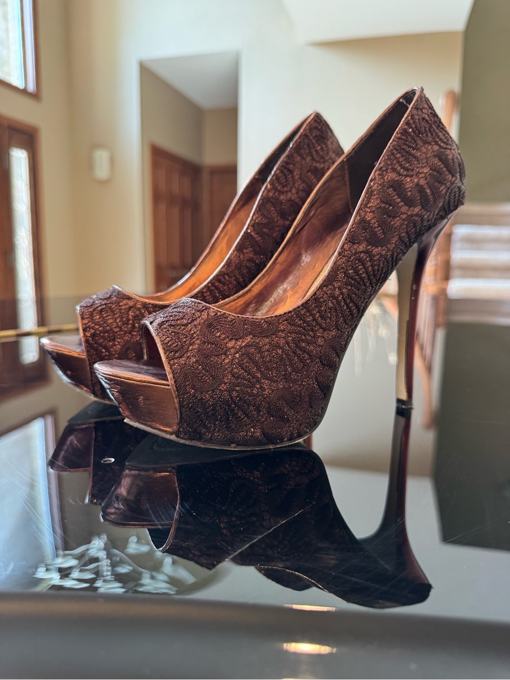 Bakers Brown Lace Peep-Toe Platform Stilettos